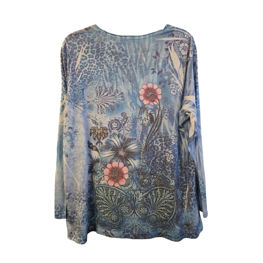 One World 2X Blue Floral Embellished Long Sleeve Top‎ Blouse - Picture 2 of 5